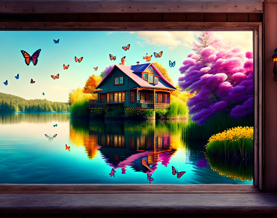 Colorful lakeside house artwork with butterflies and purple trees