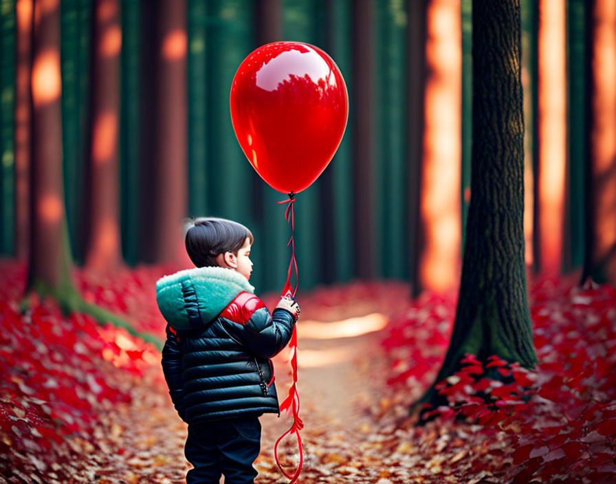 Child in Blue Coat Holding Red Balloon in Autumn Forest Scene