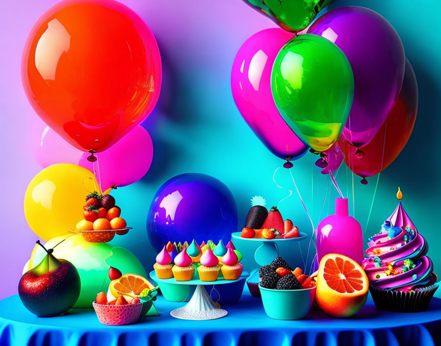 Vibrant balloon and fruit still life on blue and purple backdrop