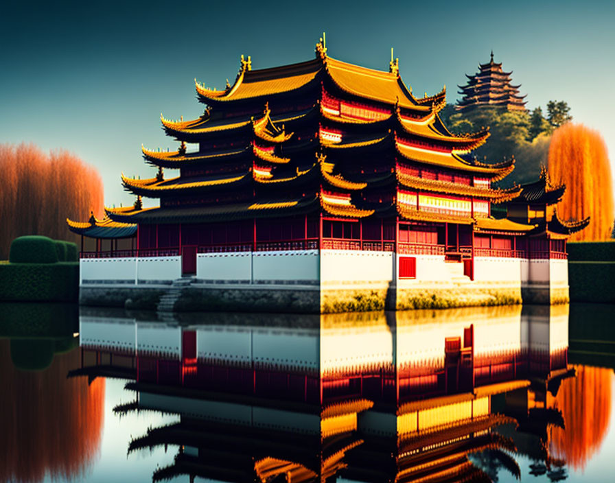 Curved roof East Asian architecture reflected in water with amber backdrop.