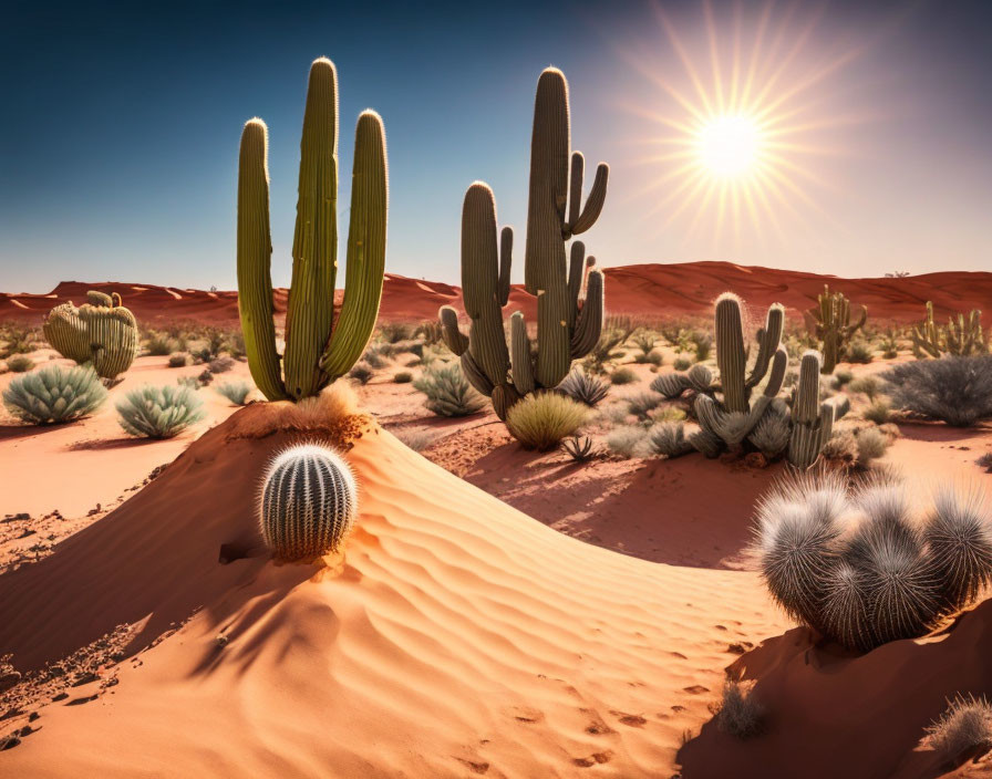 Saguaro cacti on sand dune with scrub in warm desert glow