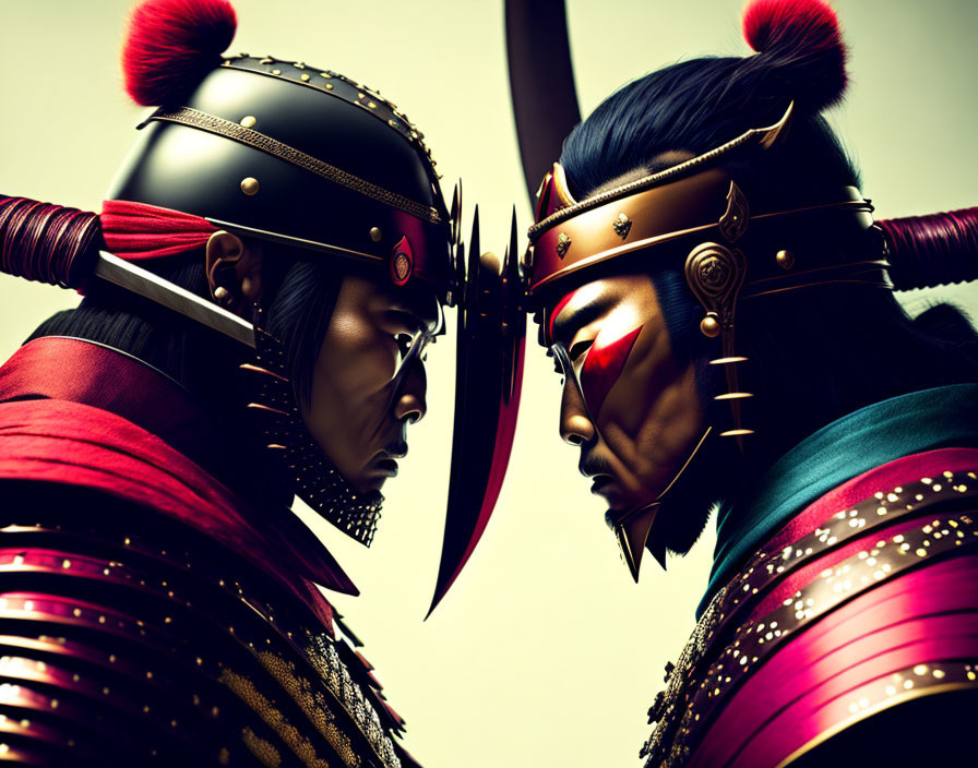 Samurai warriors in red and green armor face off with swords.