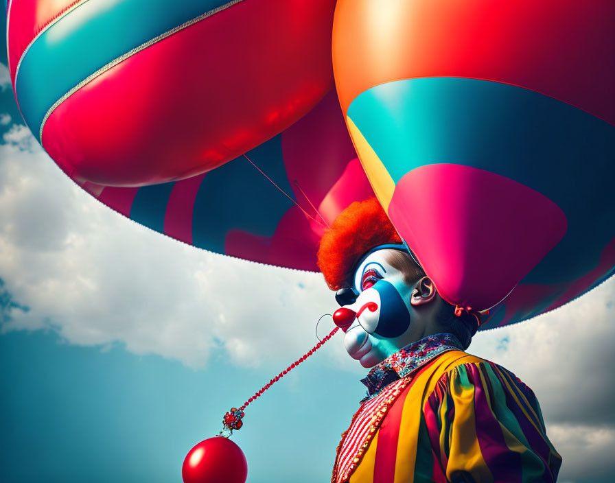 Colorful clown with red nose and balloons against dramatic sky