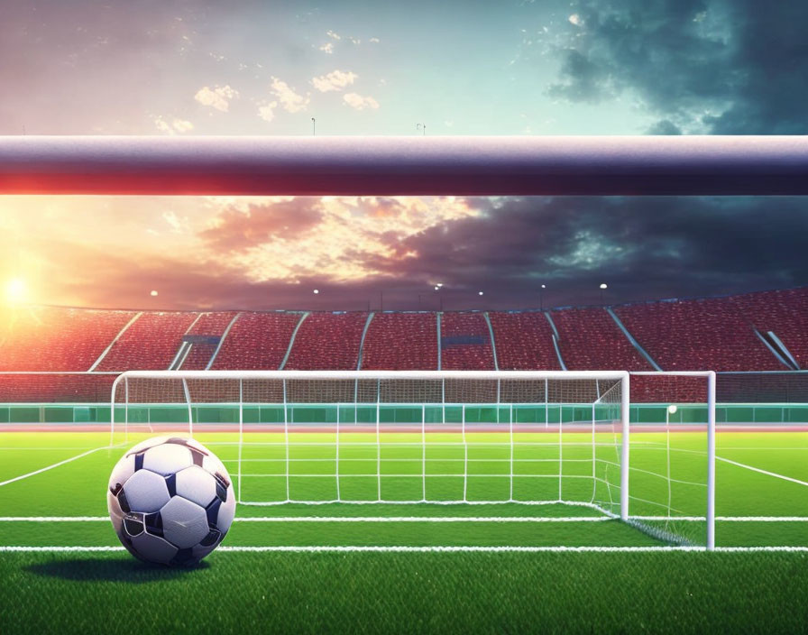 Soccer ball on green grass near empty stadium at sunset