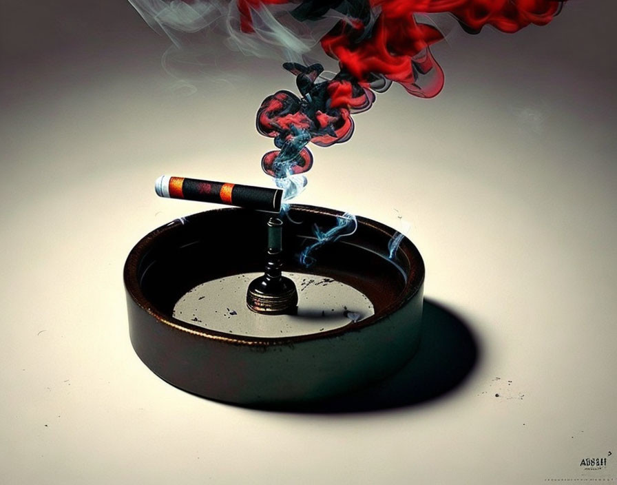 Red and Black Smoke Cigarette on Nail in Ashtray