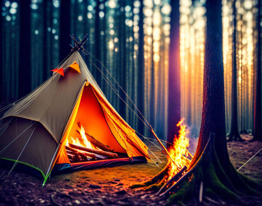 Glowing tent and campfire in forest sunset scene