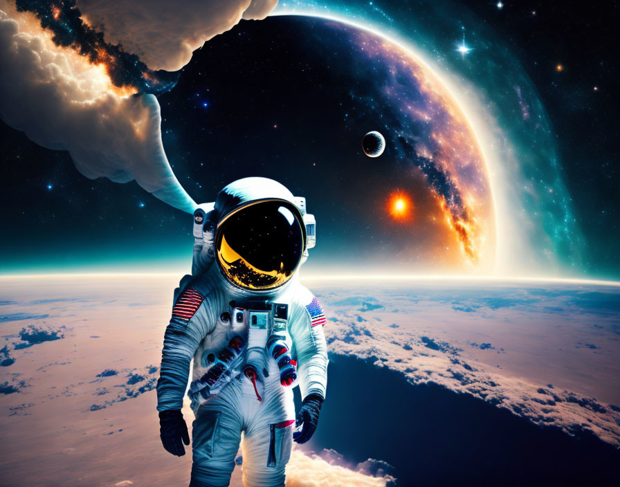 Astronaut in space suit above Earth with galactic background.