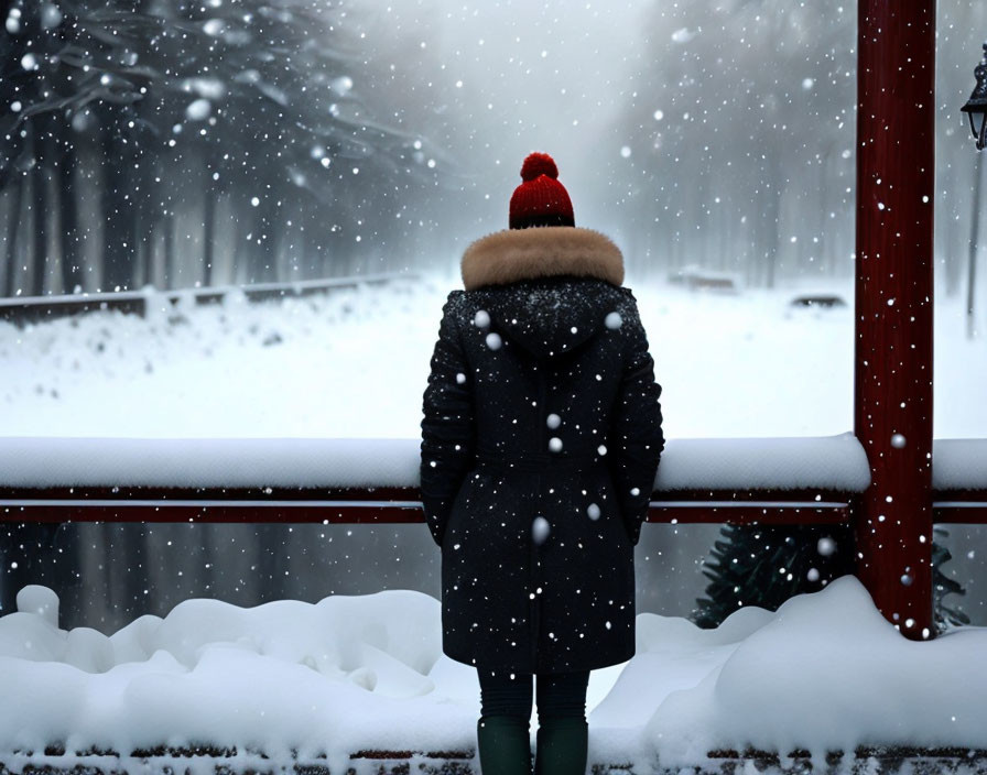 Person in heavy coat and red beanie in snowy landscape with falling snowflakes