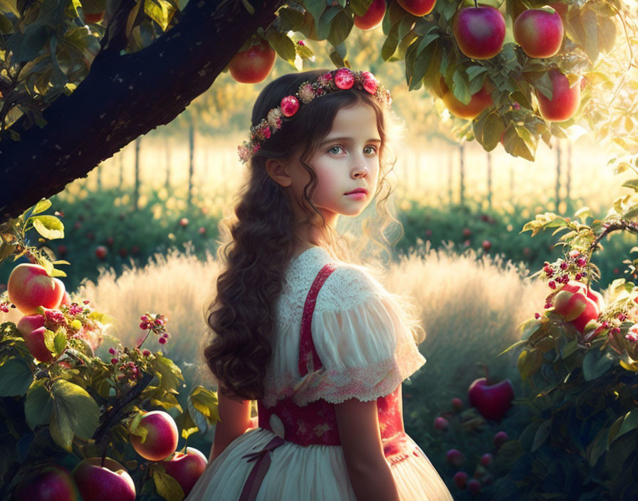 Curly-Haired Girl in Flower Crown Among Apple Trees