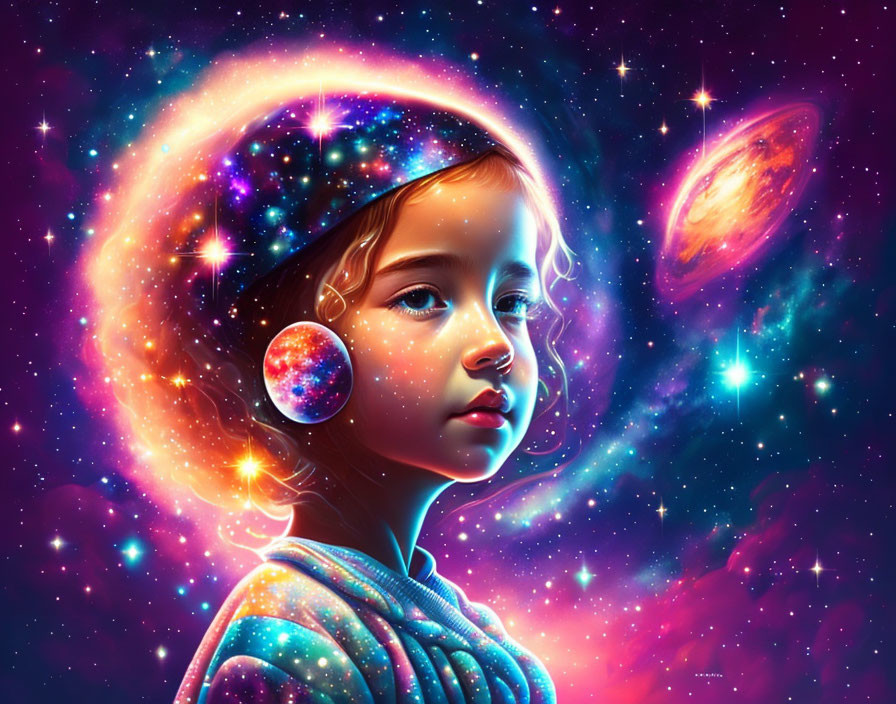 Vibrant digital art: young girl with cosmic-themed mind full of stars and galaxies