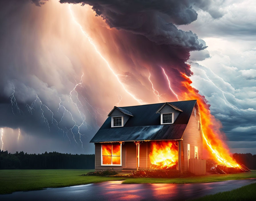 Burning house in storm with lightning strikes