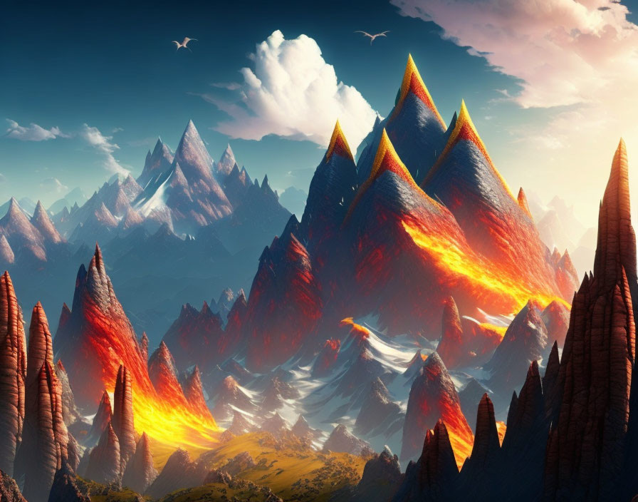 Surreal landscape with fiery peaks and soaring birds