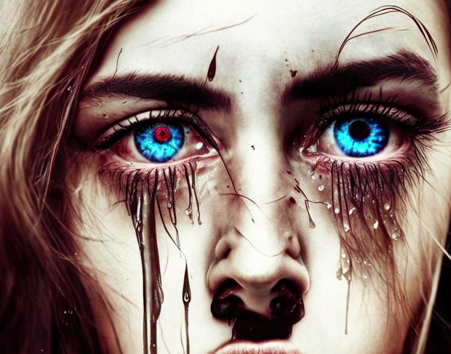 Close-up Portrait: Striking Blue Eyes, Black Tears, Pale Complexion