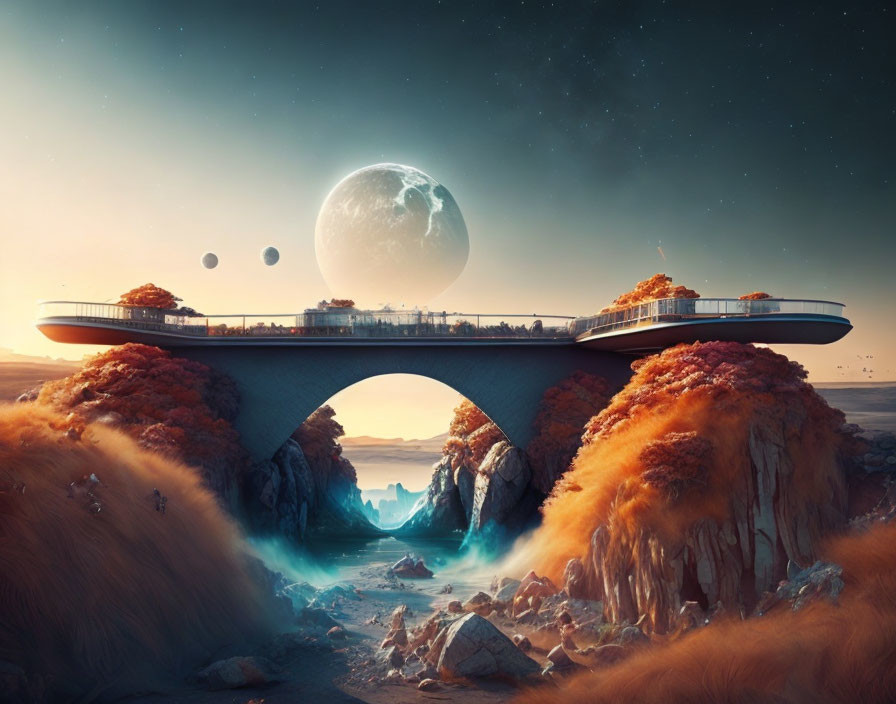 Futuristic bridge over rocky chasm under alien sky with moons in autumnal landscape