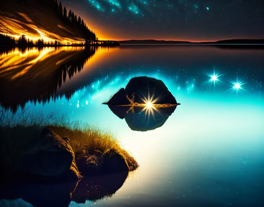 Starry lakeside landscape with rock formation and calm water