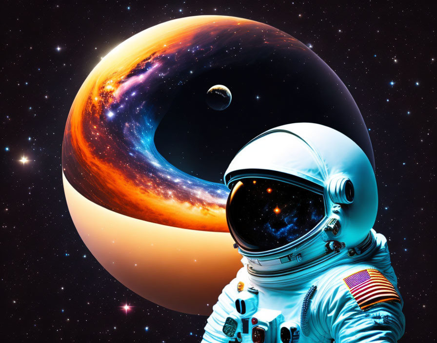 Astronaut in white space suit against cosmic backdrop with planets