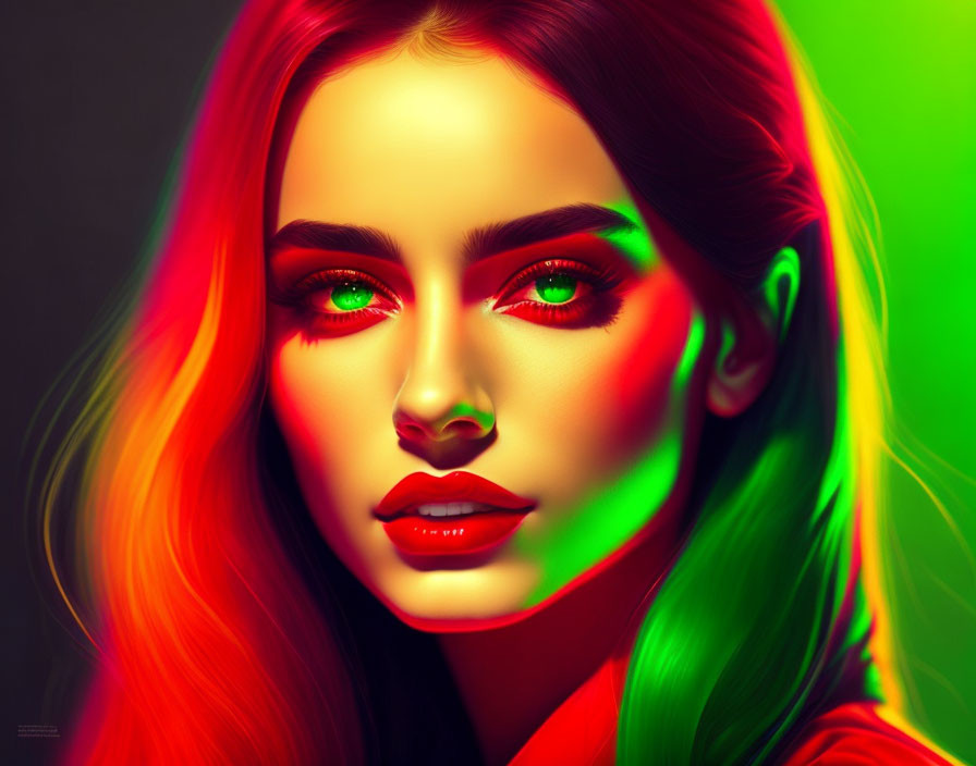 Vibrant red and green lighting on a woman's face in digital artwork