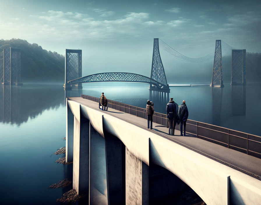 Modern bridge scene with people overlooking calm water and misty hills