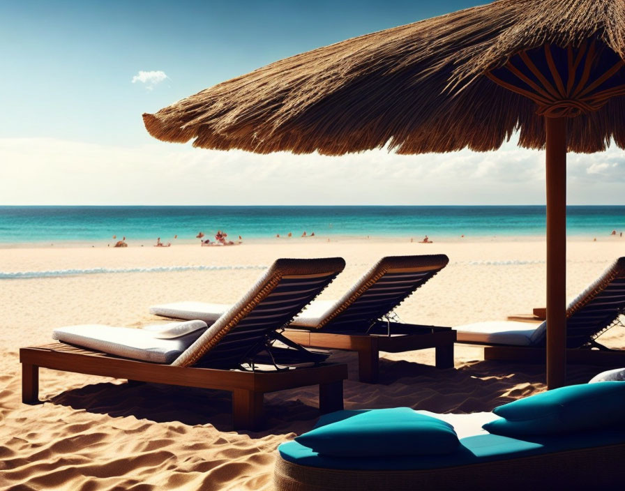 Beach scene with sun loungers, straw parasol, and swimmers