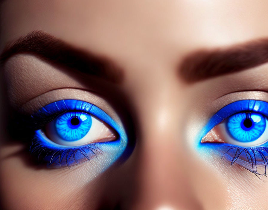 Close-up of person's eyes with bold blue eyeshadow and bright blue irises on fair skin