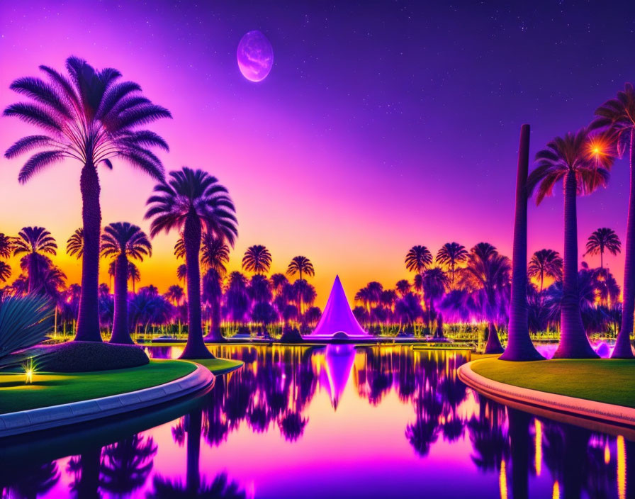 Surreal landscape with palm trees, water, stars, and moon