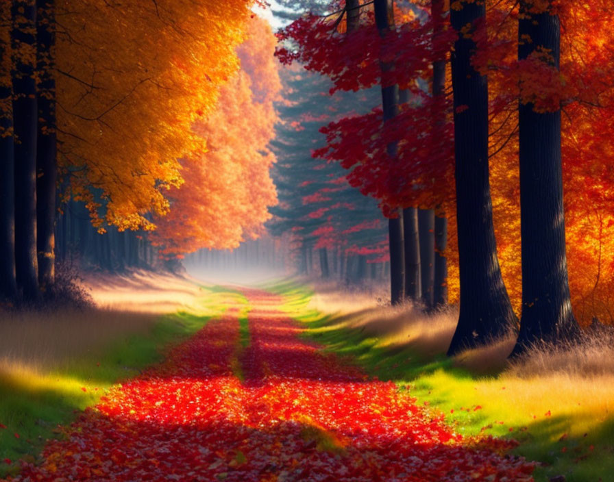 Sunlit Forest Path with Vibrant Autumn Leaves