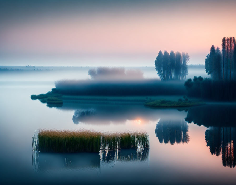 Tranquil misty lake at dawn with tree reflections in blue-pink skies