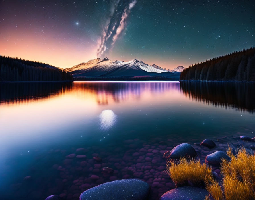 Mountain lake scene: starry sky, Milky Way, vibrant reflections, silhouetted trees