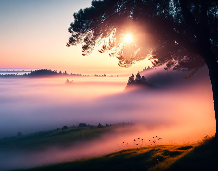 Sunrise landscape with silhouetted tree, sunbeams, and misty field.