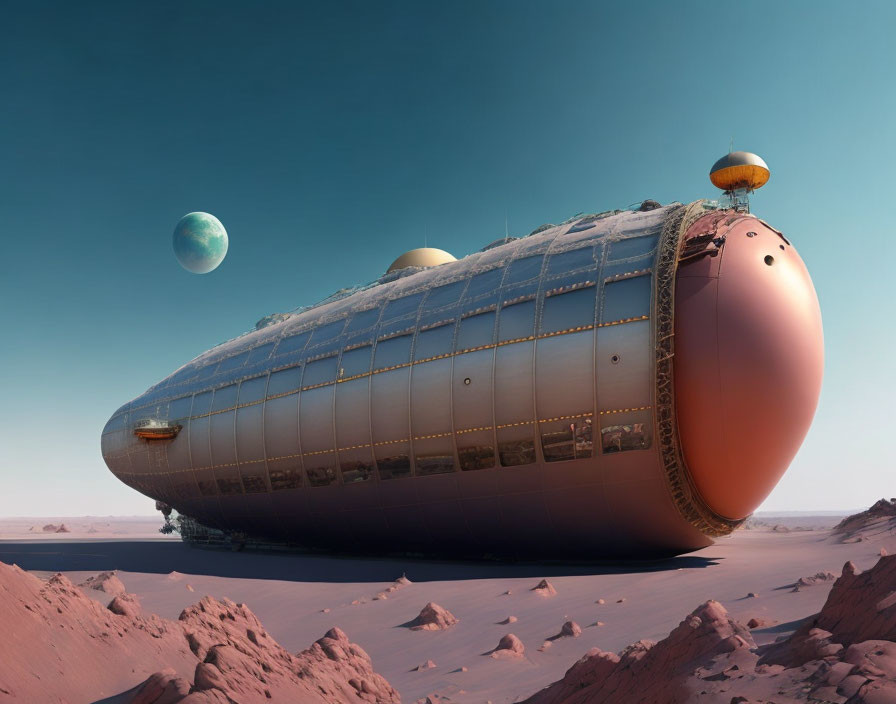 Bulbous futuristic spaceship on alien desert planet with blue moon