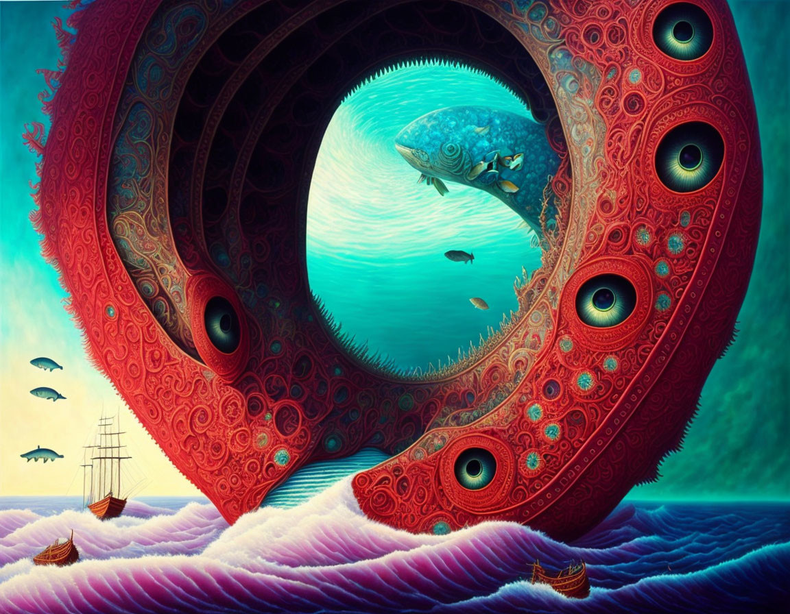 Surreal artwork featuring giant fish in ornate eye frame on vibrant seascape