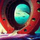 Surreal artwork featuring giant fish in ornate eye frame on vibrant seascape