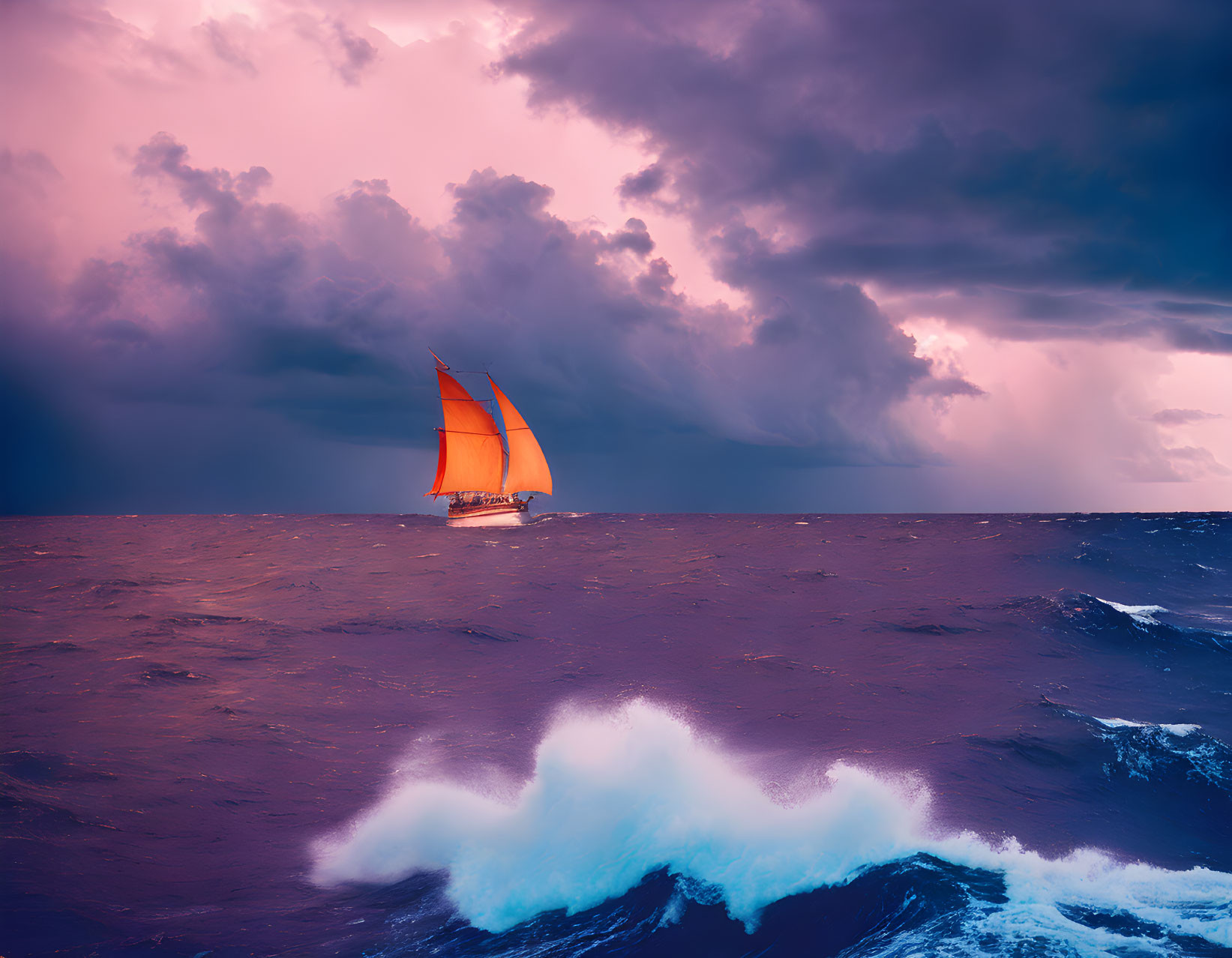 Sailboat with orange sails in turbulent blue seas under dramatic sky