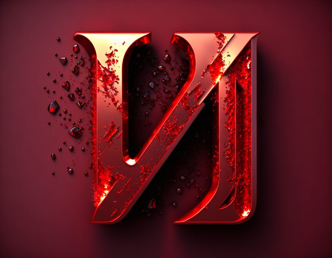 Shiny red 3D letter "M" with dynamic fragments on deep red backdrop