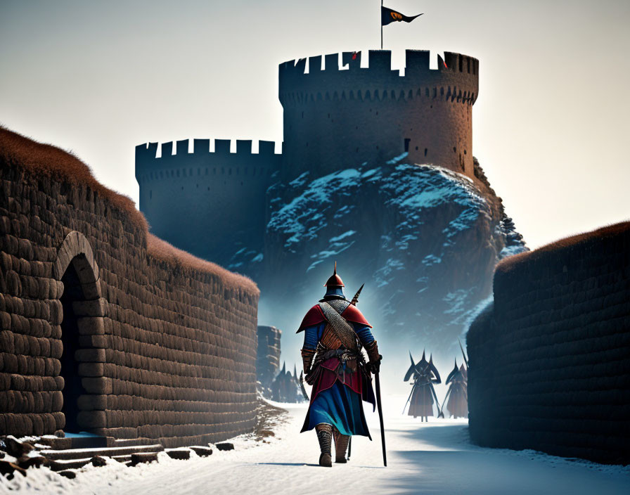 Ornate knight approaching snow-covered castle with flag.