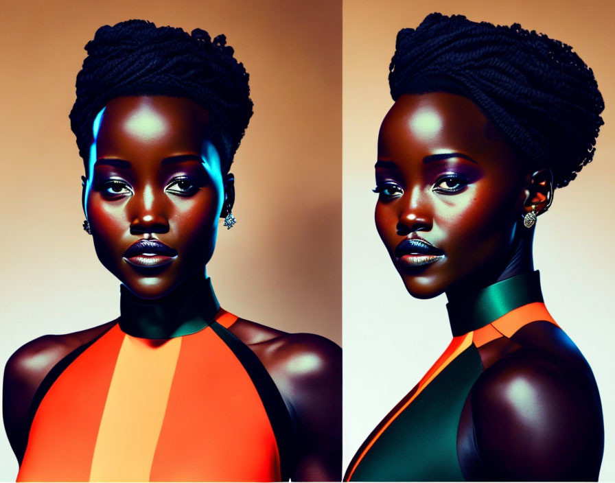 Dark-skinned woman with artistic hairstyle in colorful dress against gradient background