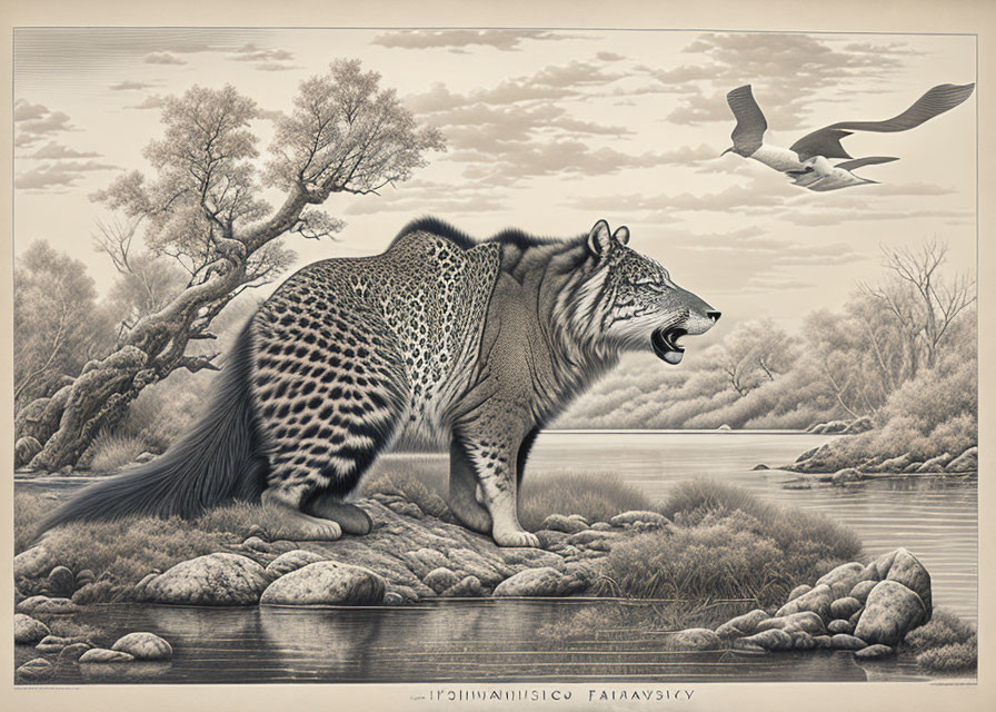 Mythical creature with leopard body and bear head by river