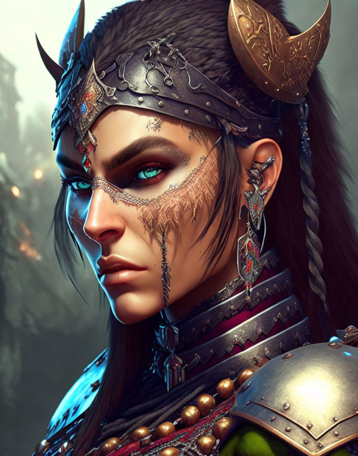 Fantasy female warrior digital portrait with blue eyes, horned helmet, jewelry, and tattoos