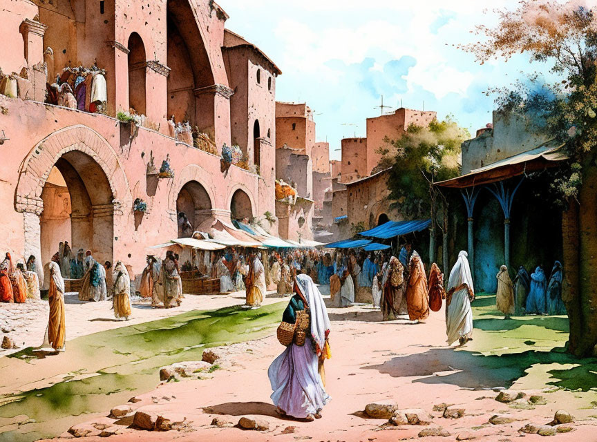 Traditional Middle Eastern Town Market Scene with Cultural Attire People