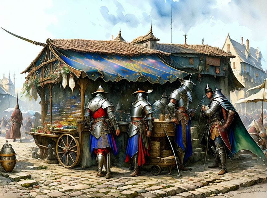 Vibrant medieval marketplace with knights, colorful stalls, townsfolk, and cobblestone streets