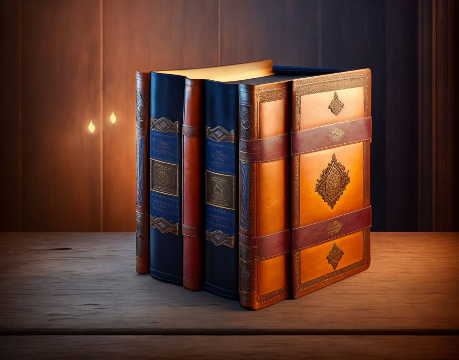 Four Ornate Leather-Bound Books on Wooden Table with Warm Glow