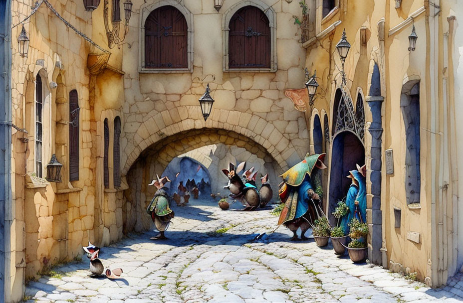 Whimsical painting of anthropomorphic animals in medieval attire on sunlit cobblestone street