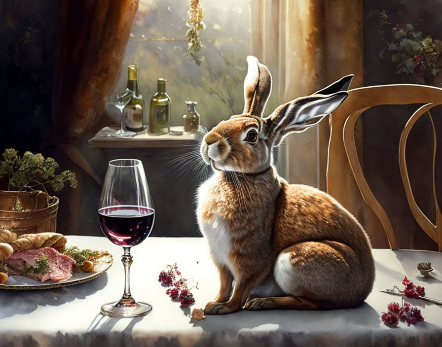 Rabbit with Wine, Meat Platter, and Grapes by Window