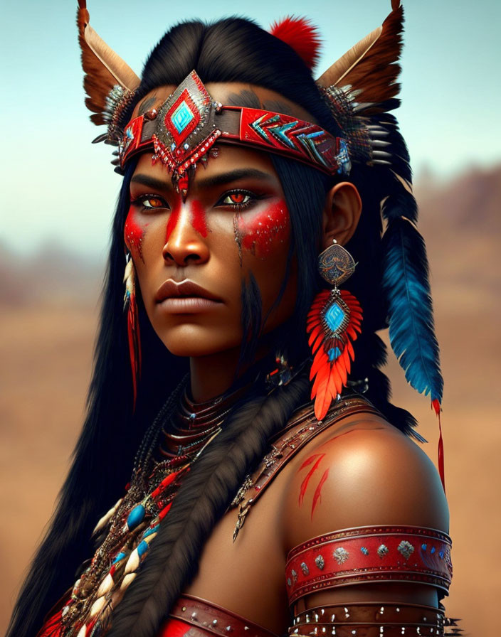 Digital portrait of woman with tribal makeup and headdress in natural setting