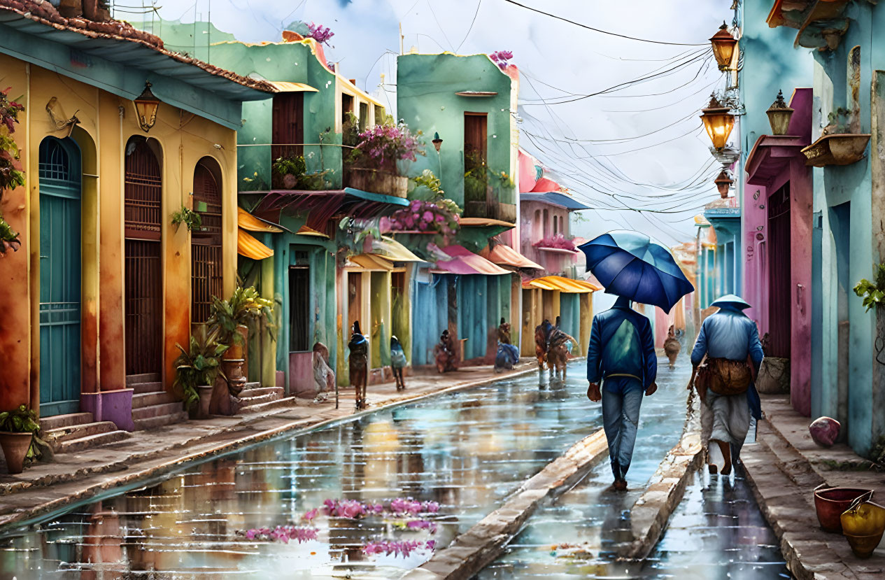 Colorful wet street with reflections and pastel buildings: Two people with umbrellas walking in quaint town