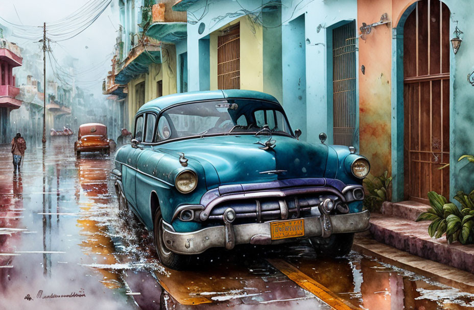 Classic blue car in colorful old town street scene.