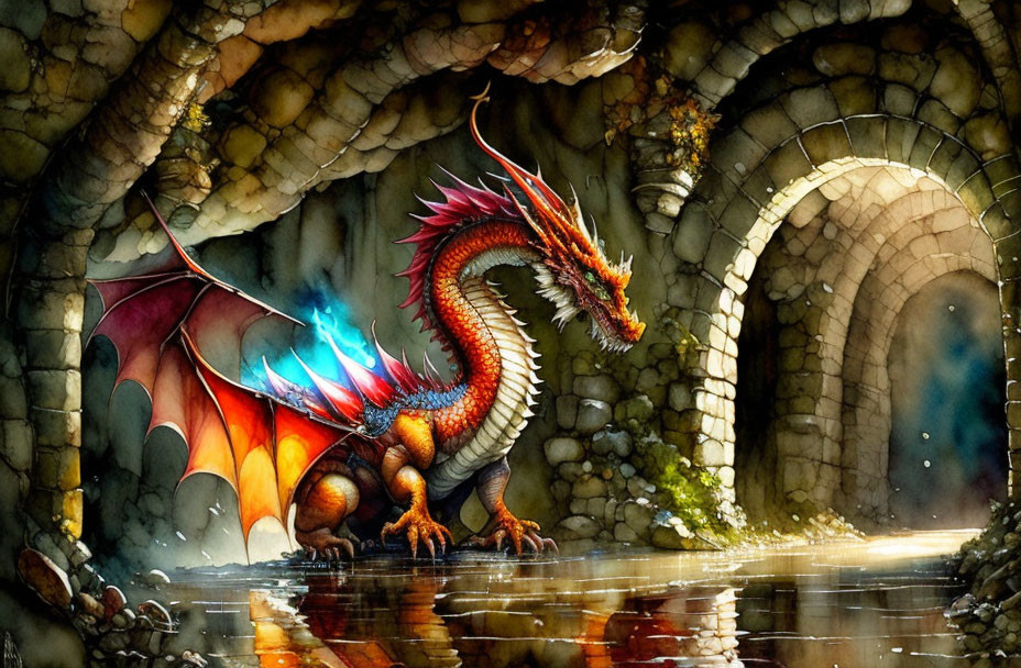 Colorful Dragon in Stone Archway with Glowing Eyes