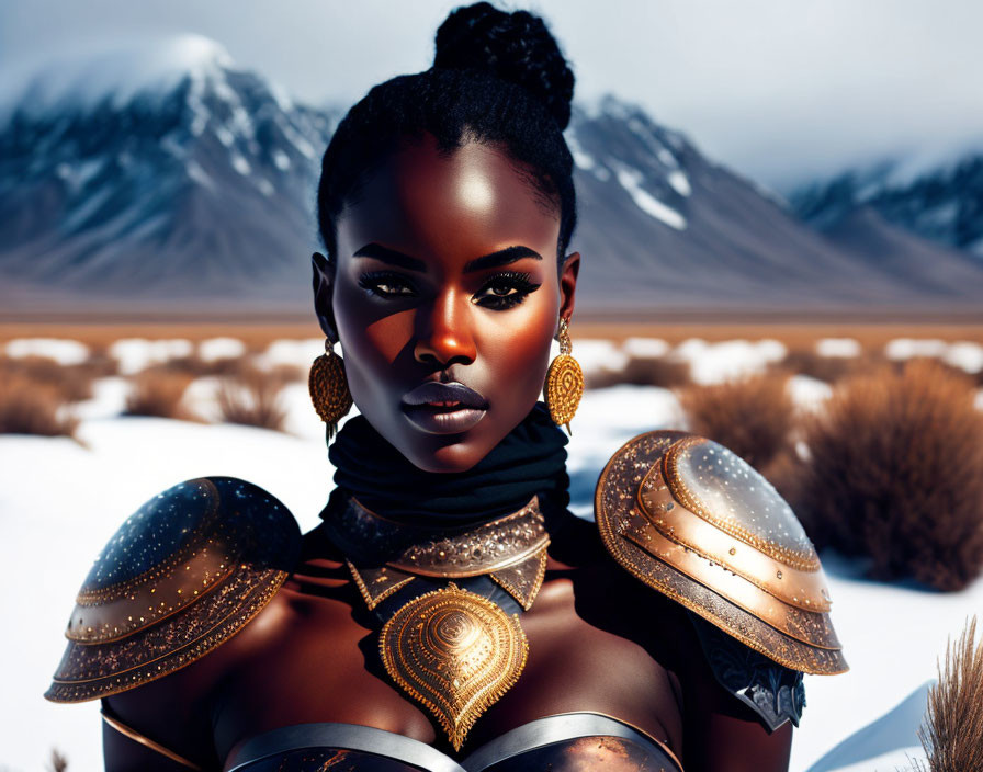 Dark-skinned woman in gold armor poses against snowy mountain