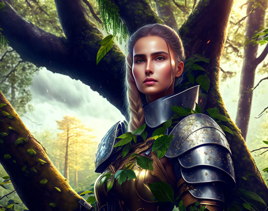 Digital artwork: Woman in medieval armor in forest with sunlight.