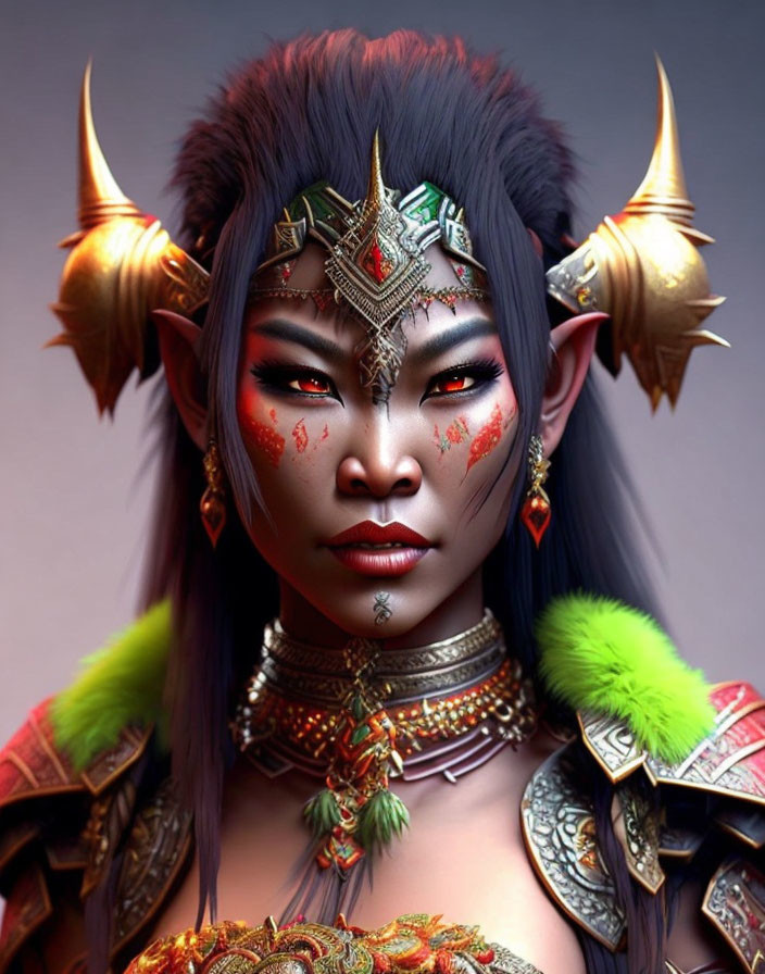 Fantasy female character with pointed ears, elaborate headpiece, facial markings, and detailed armor.